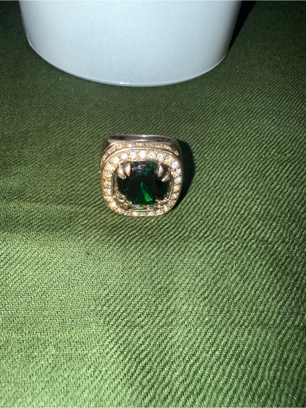 Gold-Tone Ring with Dark Green Center Stone and Pavé Accents